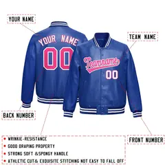 Royal Blue Pink Faux Leather Letterman Jacket Full-Snap Varsity 2
