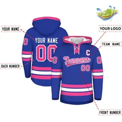 Royal Blue Pink Lace-Up Neck Hockey Hoodie Classic Style 2