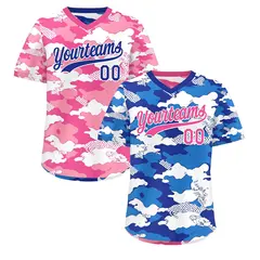 Royal Blue Pink White Camo Reversible Pullover Baseball Jersey