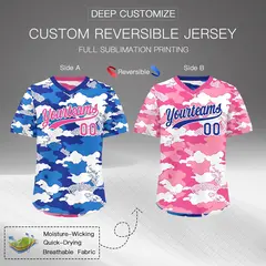 Royal Blue Pink White Camo Reversible Pullover Baseball Jersey 2