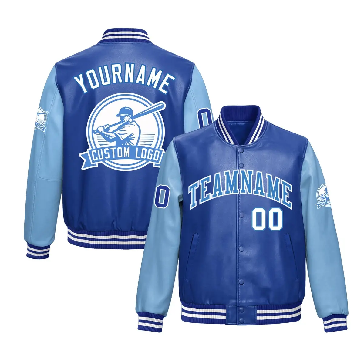 Royal Blue Powder Blue Faux Leather Letterman Jacket Raglan Sleeves Full-Snap