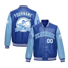 Royal Blue Powder Blue Faux Leather Letterman Jacket Raglan Sleeves Full-Snap