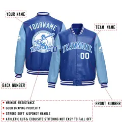Royal Blue Powder Blue Faux Leather Letterman Jacket Raglan Sleeves Full-Snap 2