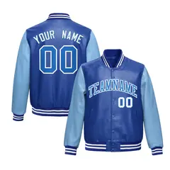 Royal Blue Powder Blue Raglan Full-Snap Varsity Faux Leather Letterman Jacket