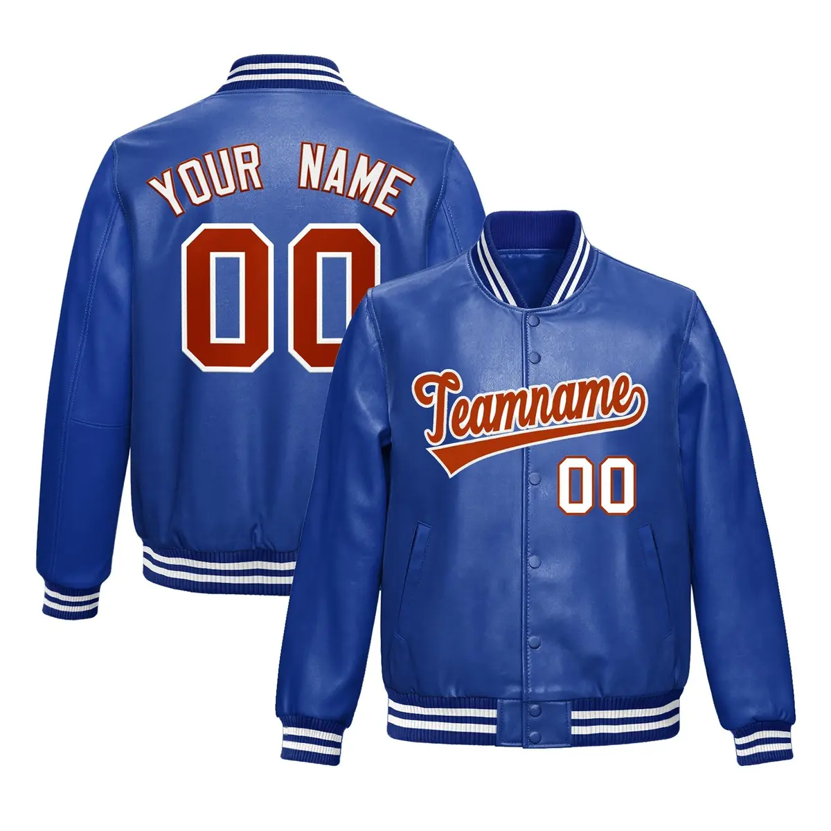 Royal Blue Red Faux Leather Letterman Jacket Full-Snap Varsity
