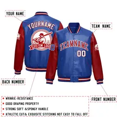 Royal Blue Red Faux Leather Letterman Jacket Raglan Full-Snap 2