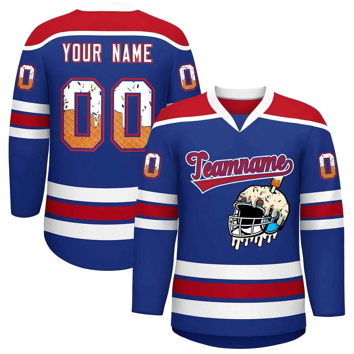 Royal Blue Red Ice Cream Helmet Pattern Hockey Jersey