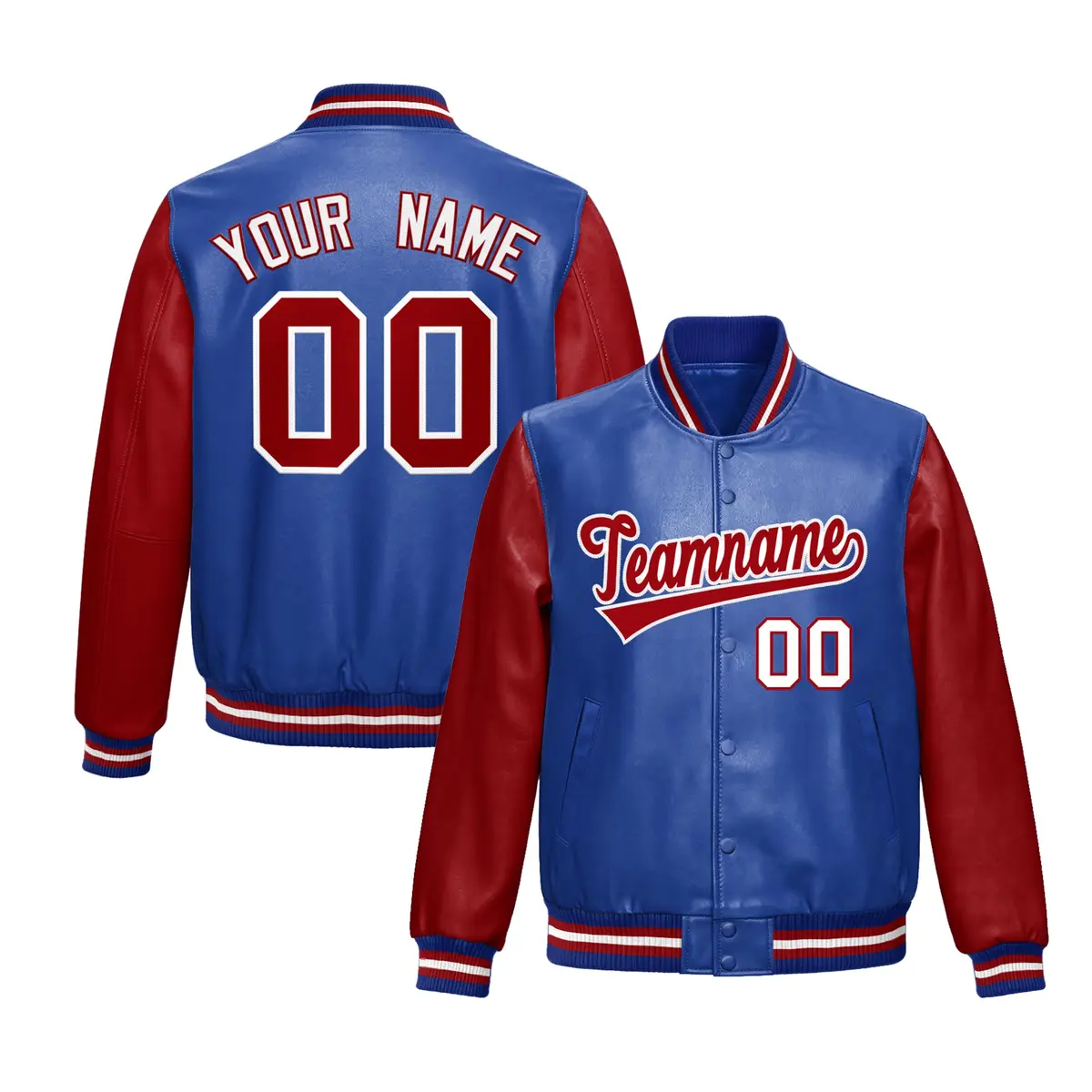Royal Blue Red Raglan Full-Snap Varsity Faux Leather Letterman Jacket