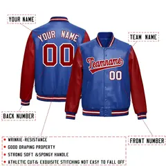 Royal Blue Red Raglan Full-Snap Varsity Faux Leather Letterman Jacket 2