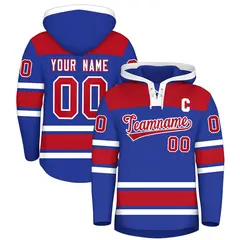Royal Blue Red Raglan Lace-Up Neck Hockey Hoodie Jersey