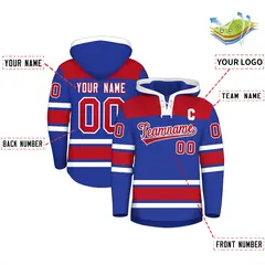 Royal Blue Red Raglan Lace-Up Neck Hockey Hoodie Jersey 2