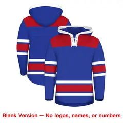 Royal Blue Red Raglan Lace-Up Neck Hockey Hoodie Jersey 7