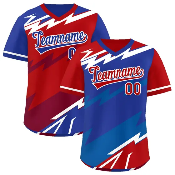 Royal Blue Red Reversible Baseball Jersey Lightning & Graffiti Pullover V-Neck