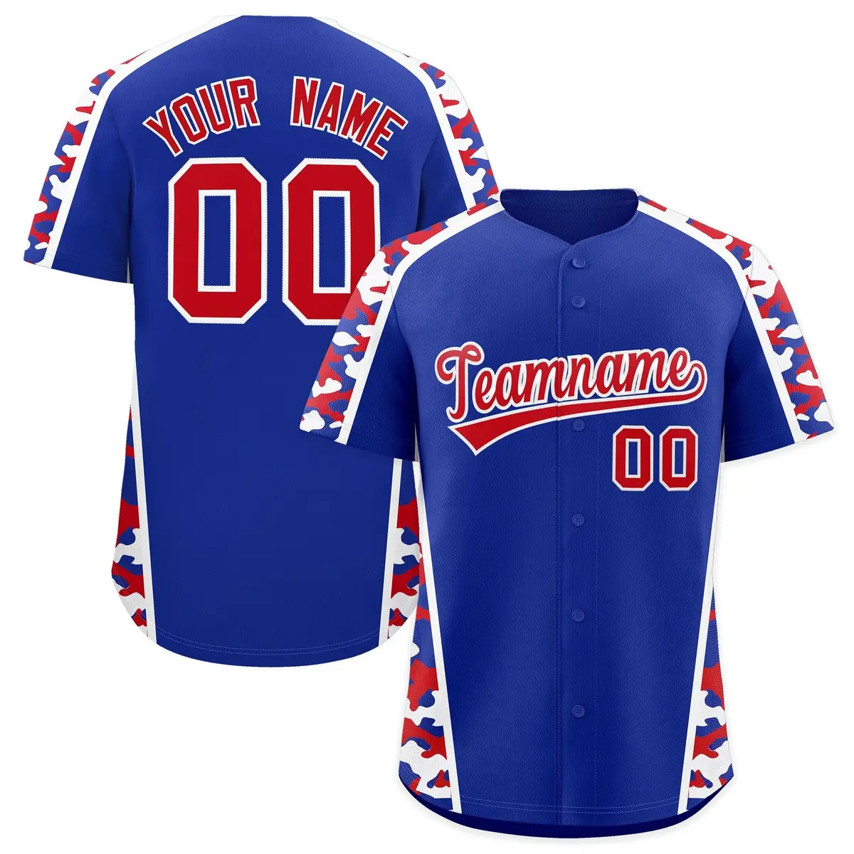 Royal Blue Red Side Camo Baseball Jersey