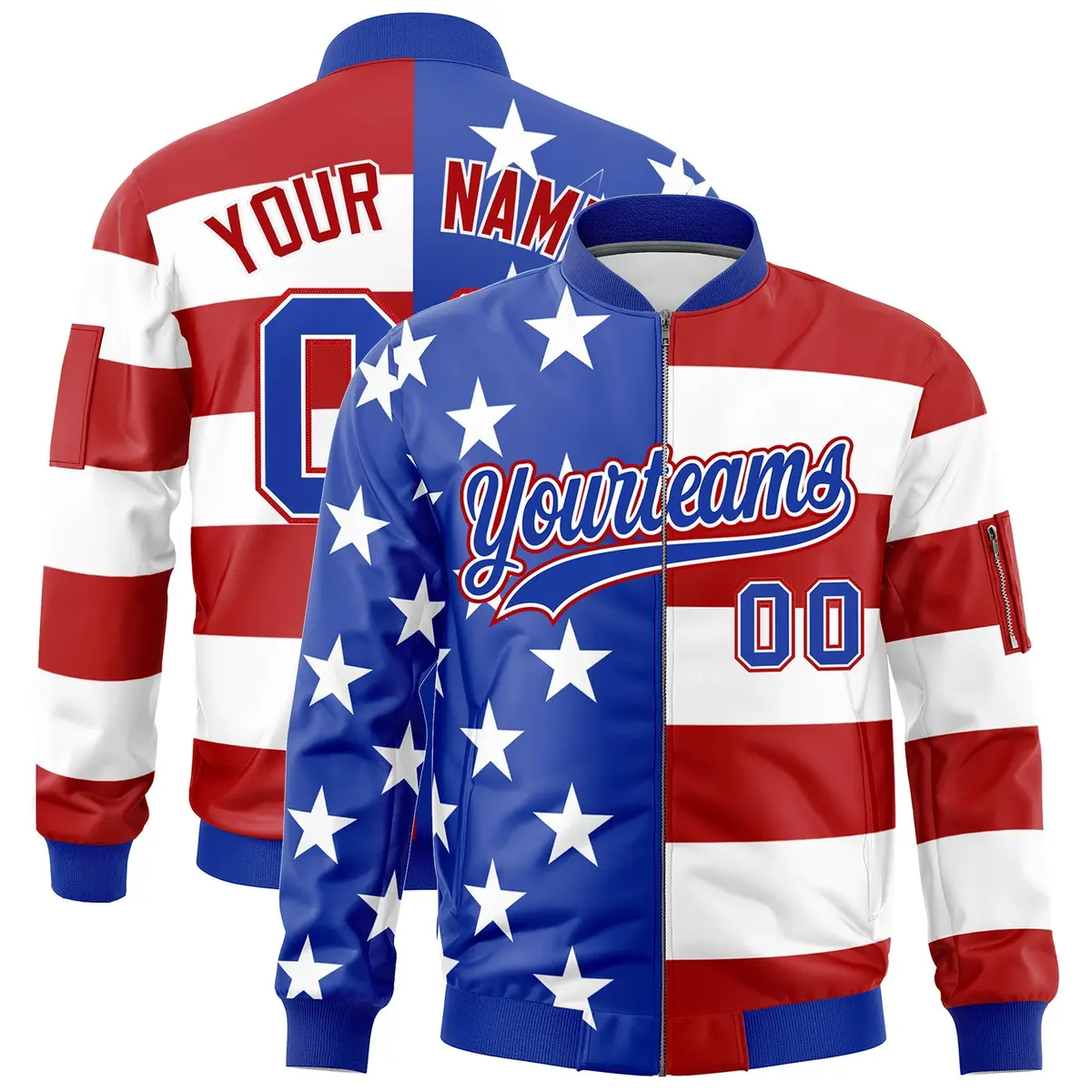 Royal Blue Red White American Flag Independence Day Full Zip Wrinkle-Resistant Jacket