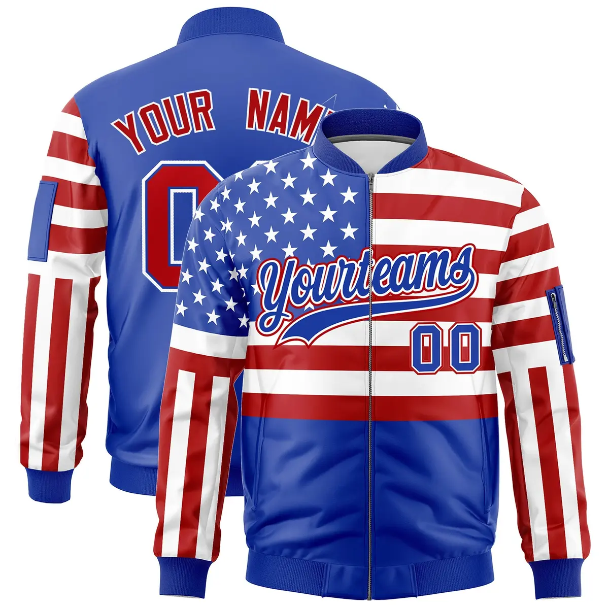 Royal Blue Red White American Flag Independence Day Full Zip Wrinkle-Resistant Jacket