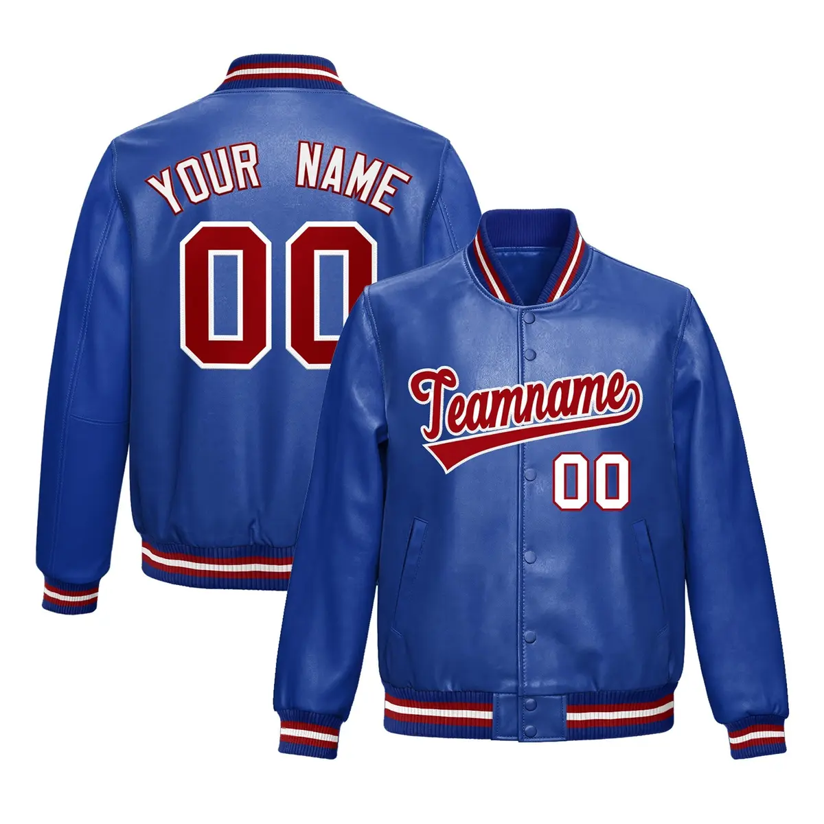 Royal Blue Red White Faux Leather Letterman Jacket Full-Snap Varsity