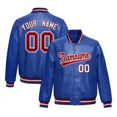 Royal Blue Red White Faux Leather Letterman Jacket Full-Snap Varsity 1