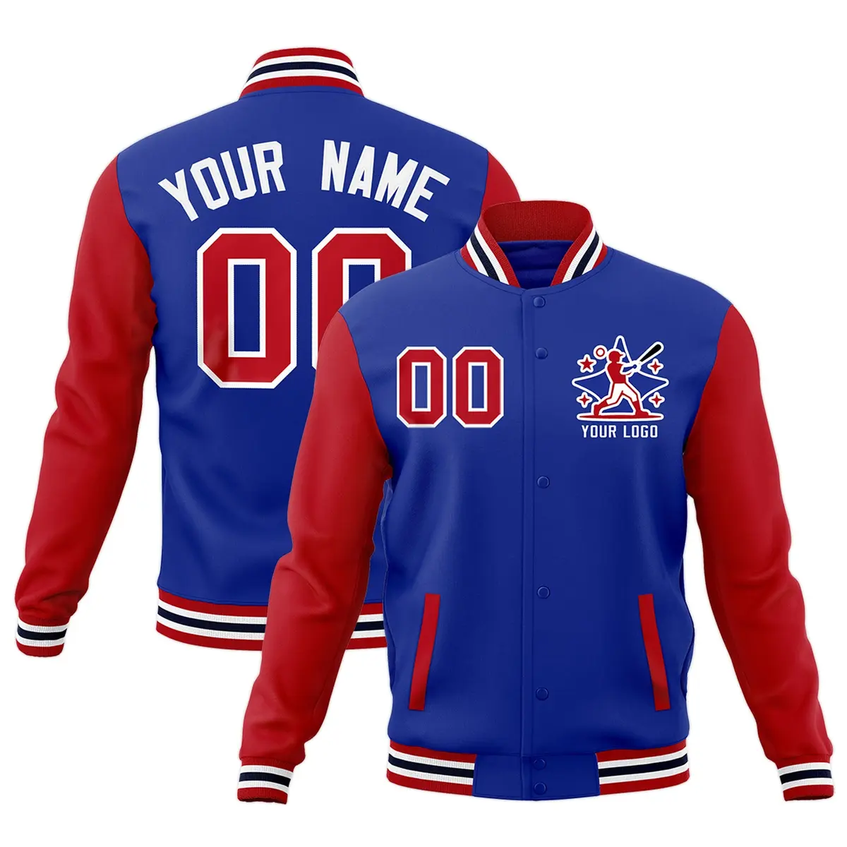 Royal Blue Red White Raglan Full-Snap Letterman Cotton Jacket