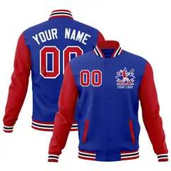 Royal Blue Red White Raglan Full-Snap Letterman Cotton Jacket
