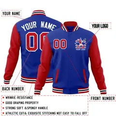 Royal Blue Red White Raglan Full-Snap Letterman Cotton Jacket 2