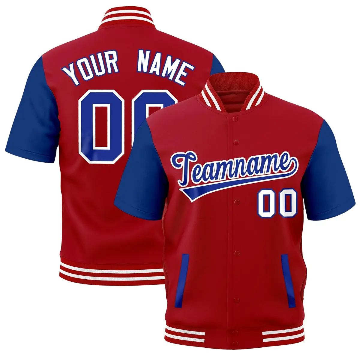 Royal Blue Red White Short Sleeve Full-Snap Varsity Jacket