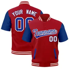 Royal Blue Red White Short Sleeve Full-Snap Varsity Jacket