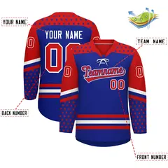 Royal Blue Red White Star Series Lace-Up Neck Hockey Jersey 2