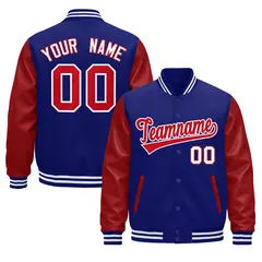 Royal Blue Red White Varsity Full-Snap Letterman Jacket Raglan Leather Sleeves 1