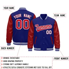 Royal Blue Red White Varsity Full-Snap Letterman Jacket Raglan Leather Sleeves 3