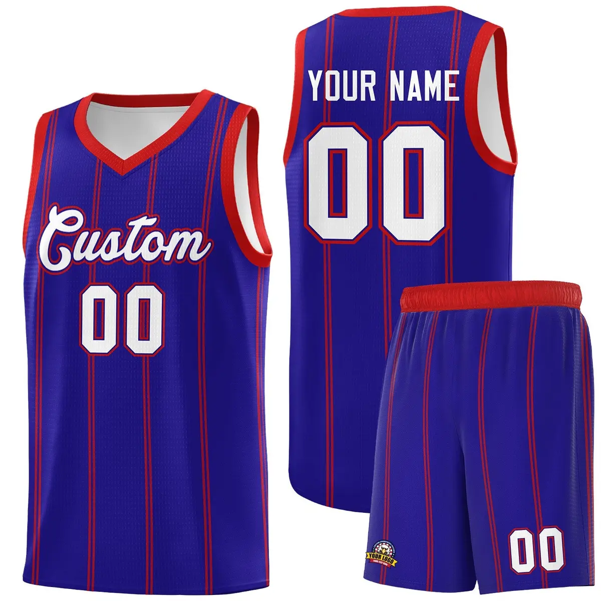 Royal Blue Red White Vertical Stripes Basketball Jersey Set