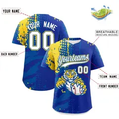 Royal Blue Royal Gold Full-Snap Tiger Graffiti Baseball Jersey 2