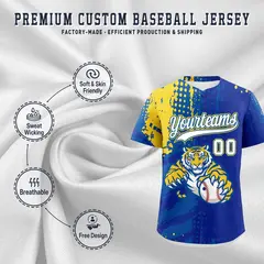 Royal Blue Royal Gold Full-Snap Tiger Graffiti Baseball Jersey 3