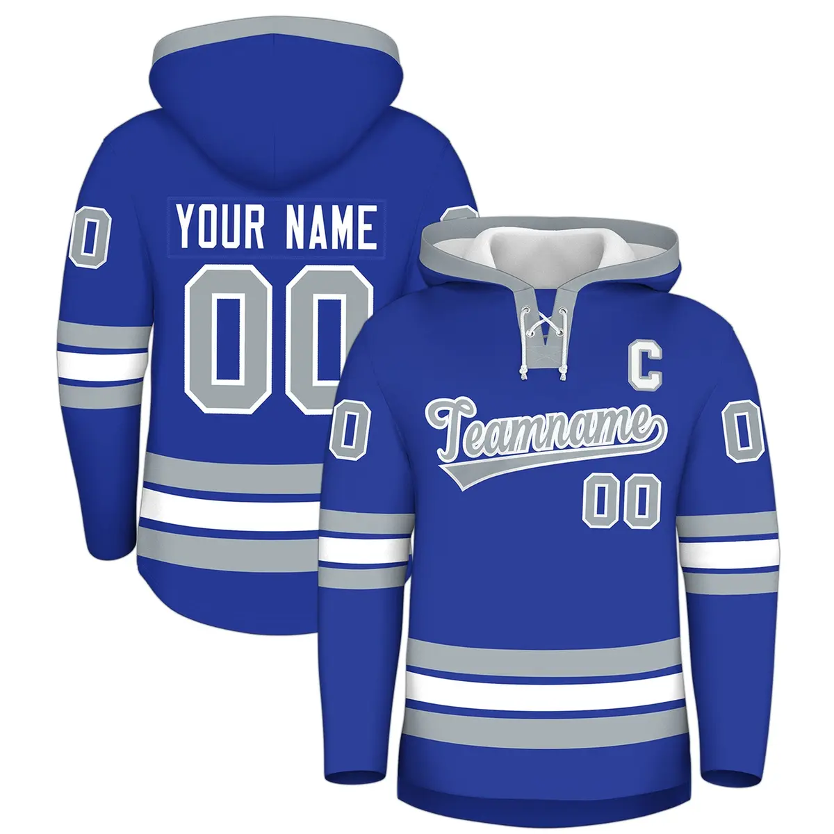 Royal Blue Silver Lace-Up Neck Classic Hockey Hoodie