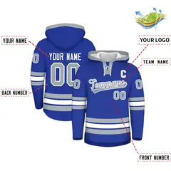 Royal Blue Silver Lace-Up Neck Classic Hockey Hoodie 2
