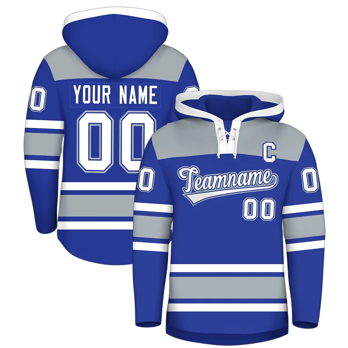 Royal Blue Silver Raglan Lace-Up Neck Hockey Hoodie Jersey