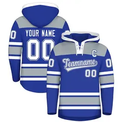 Royal Blue Silver Raglan Lace-Up Neck Hockey Hoodie Jersey 1