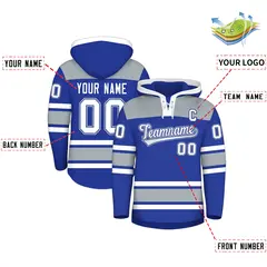 Royal Blue Silver Raglan Lace-Up Neck Hockey Hoodie Jersey 2