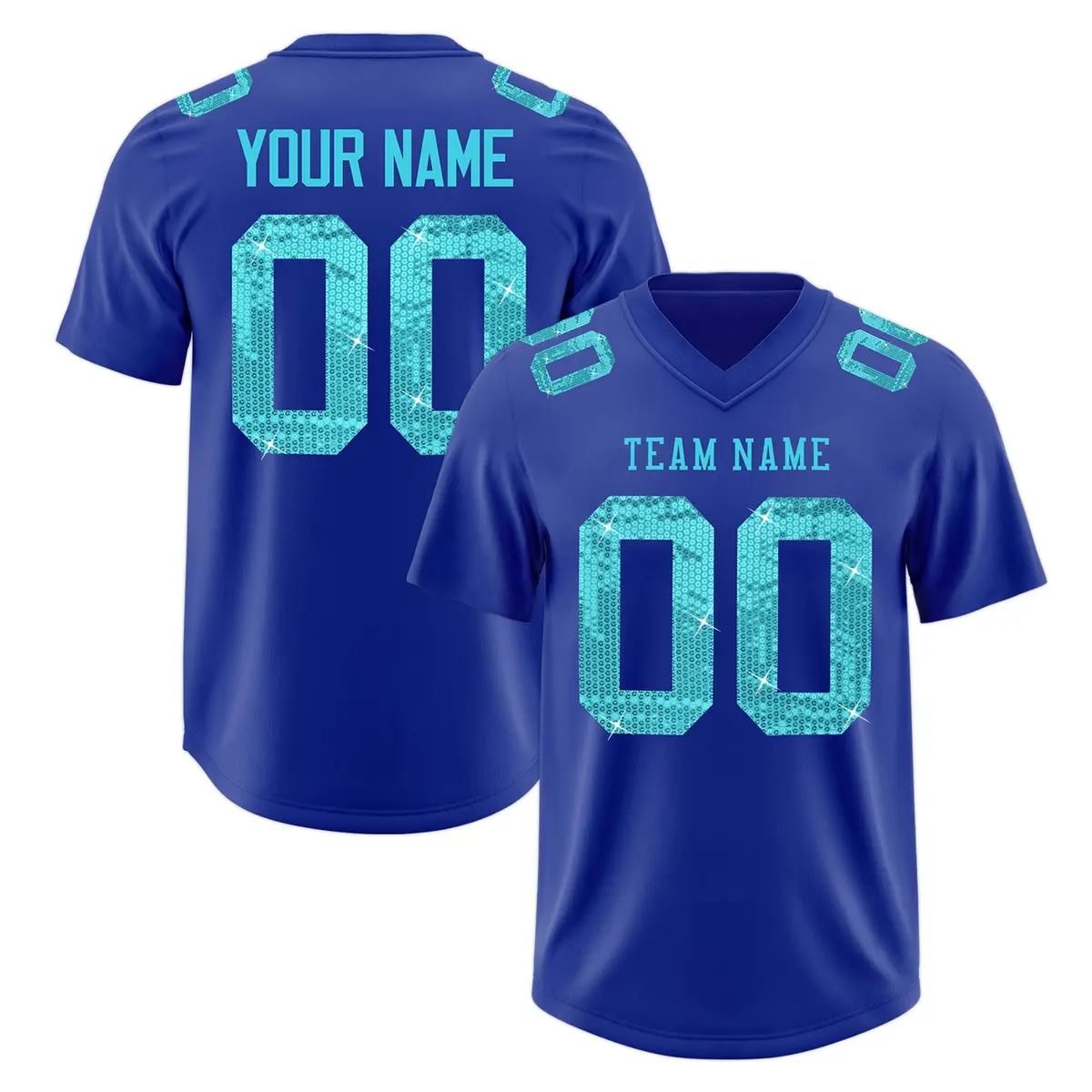 Royal Blue Sky Blue Sequin Lettering Football Jersey