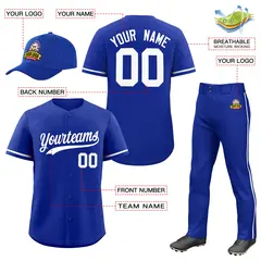Royal Blue White Baseball Jersey Pants Hat Uniform Package 2
