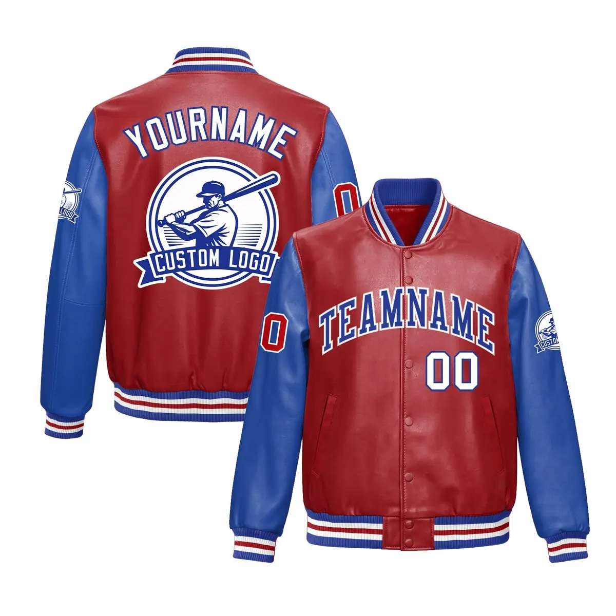Royal Blue White Faux Leather Letterman Jacket Raglan Sleeves Full-Snap