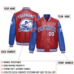 Royal Blue White Faux Leather Letterman Jacket Raglan Sleeves Full-Snap 2