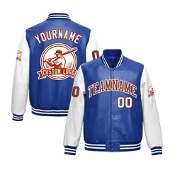 Royal Blue White Faux Leather Letterman Jacket Raglan Sleeves Full-Snap