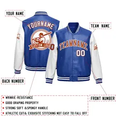Royal Blue White Faux Leather Letterman Jacket Raglan Sleeves Full-Snap 2