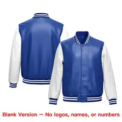 Royal Blue White Faux Leather Letterman Jacket Raglan Sleeves Full-Snap 6