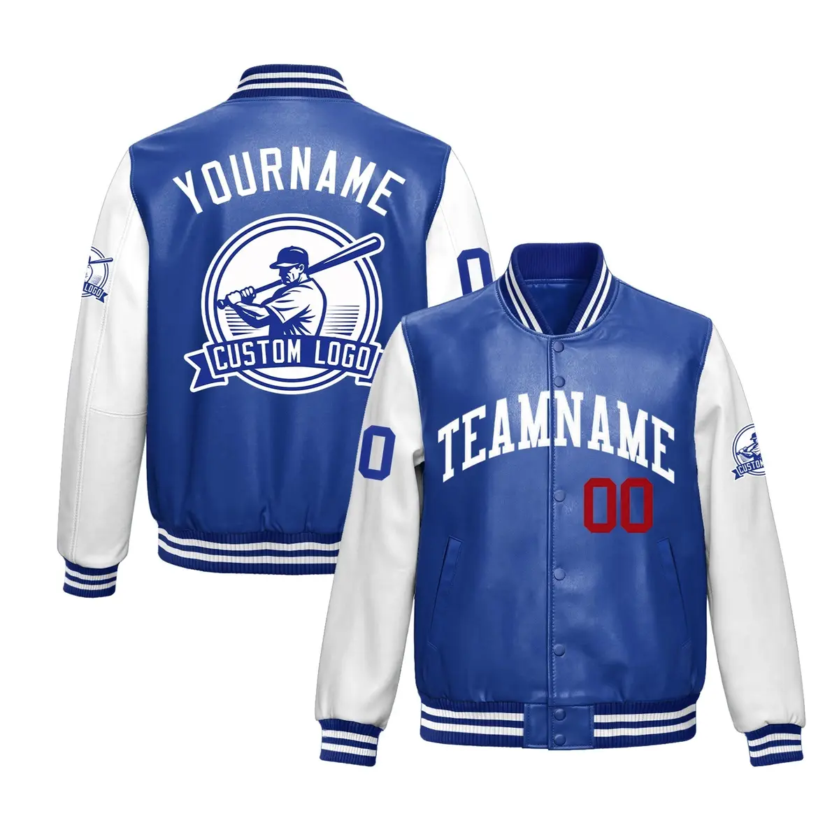 Royal Blue White Faux Leather Letterman Jacket Raglan Sleeves Full-Snap