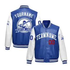 Royal Blue White Faux Leather Letterman Jacket Raglan Sleeves Full-Snap 1