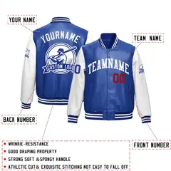 Royal Blue White Faux Leather Letterman Jacket Raglan Sleeves Full-Snap 2