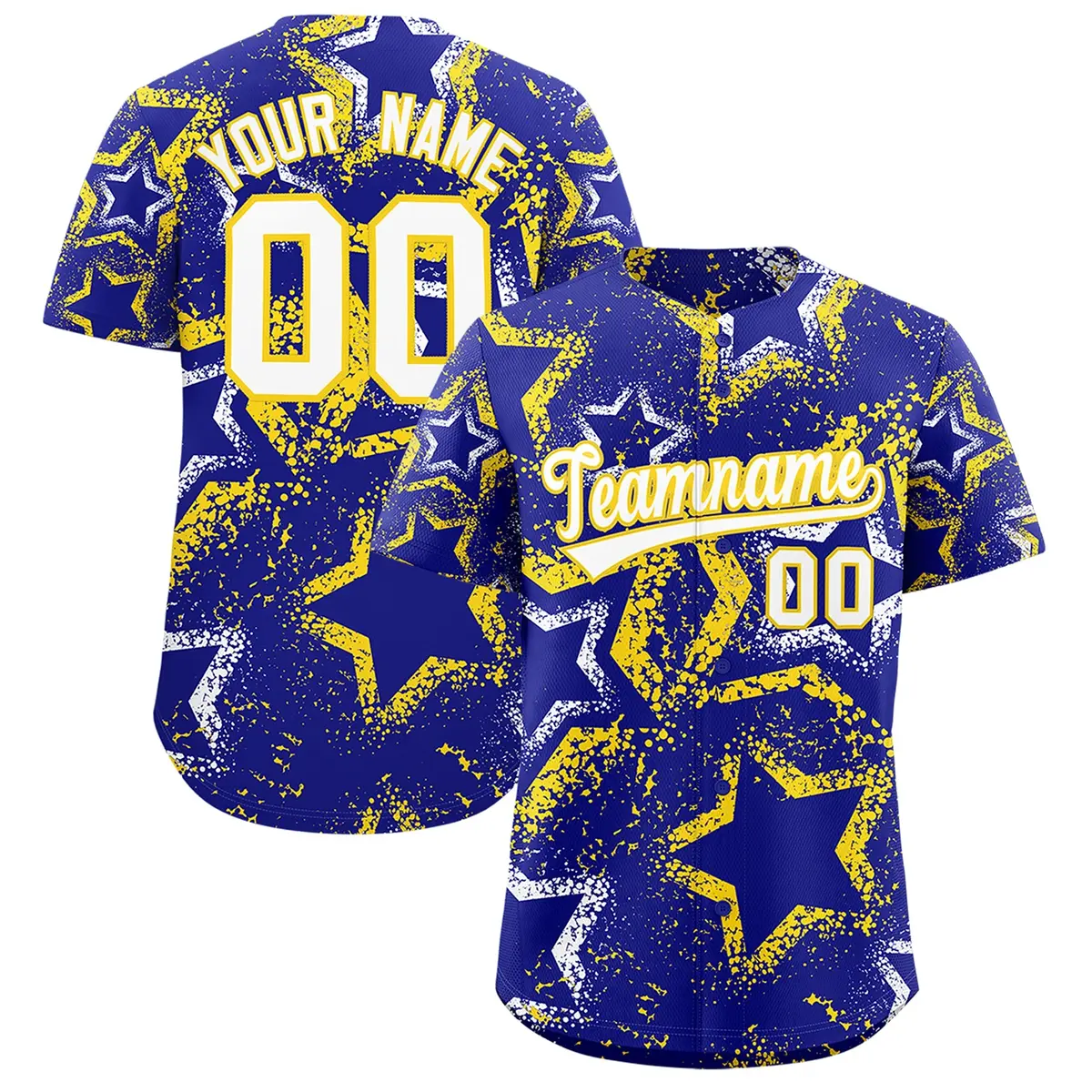 Royal Blue White Gold Graffiti Star Ink Baseball Jersey