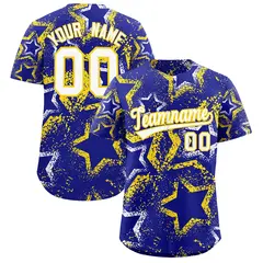 Royal Blue White Gold Graffiti Star Ink Baseball Jersey 1